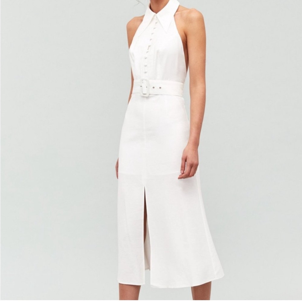 C/MEO Lie Awake Dress Ivory White Halter Long Belt